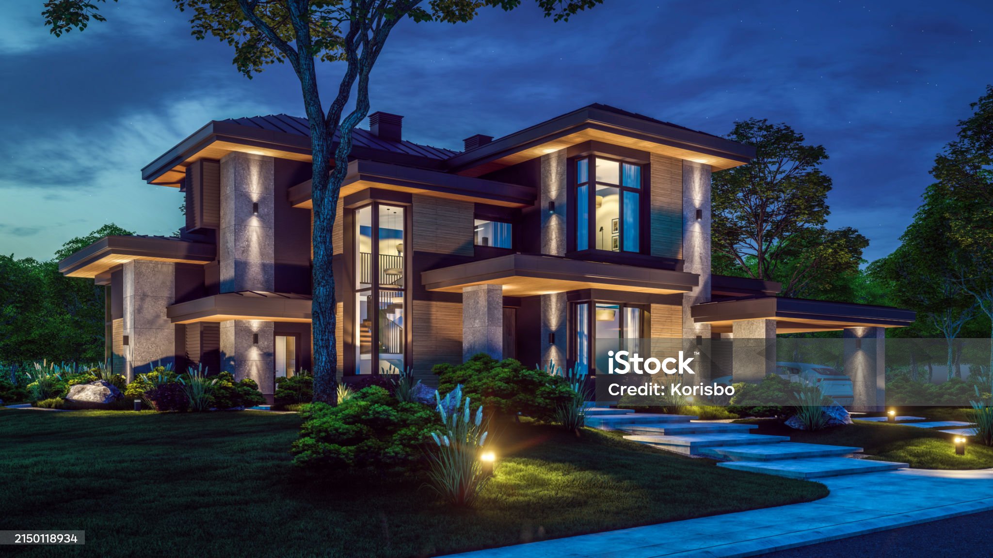 3d rendering of modern cozy house with pool and parking for sale or rent in luxurious style and beautiful landscaping on background. Clear summer night with many stars on the sky.